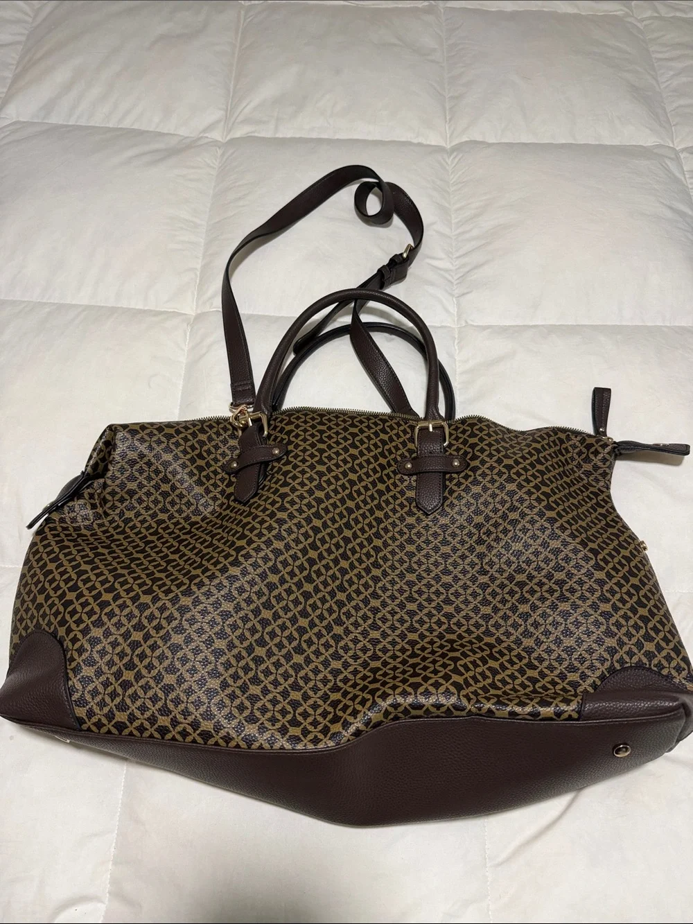 Brown Patterned Weekender Duffel Bag with Dark Brown Trim
